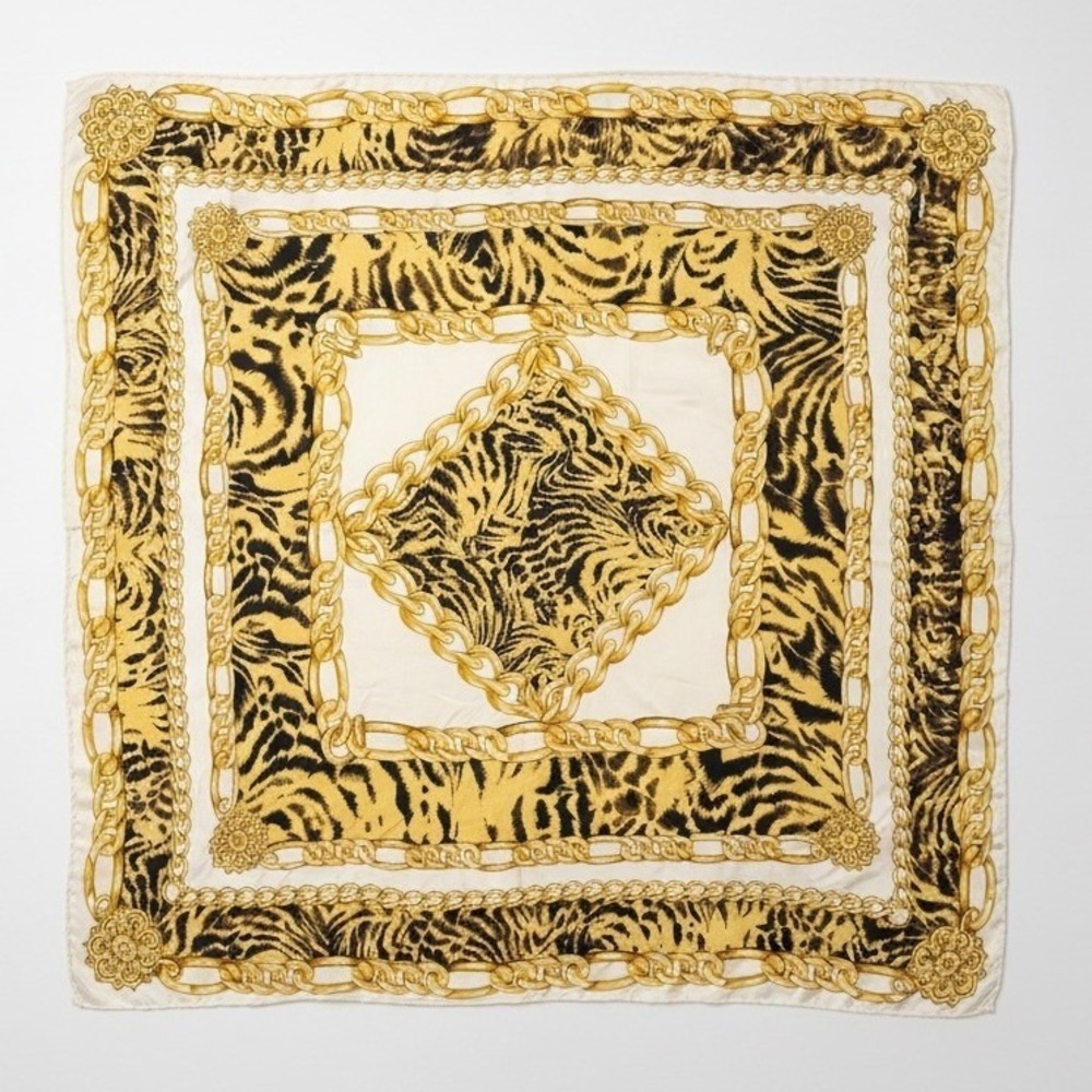 Bill Blass Basha Vintage 100% Silk Scarf Animal Print Gold Chain Square